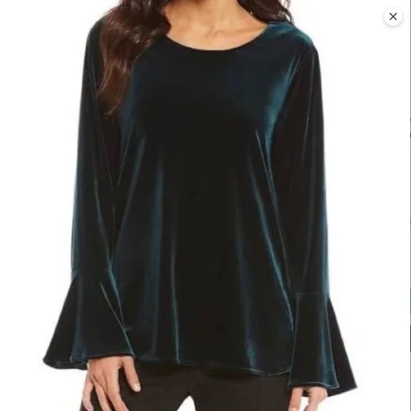 Calvin Klein Velvet Blouse 0X Emerald Green Bell Sleeve Christmas Holiday Photos - Picture 12 of 12